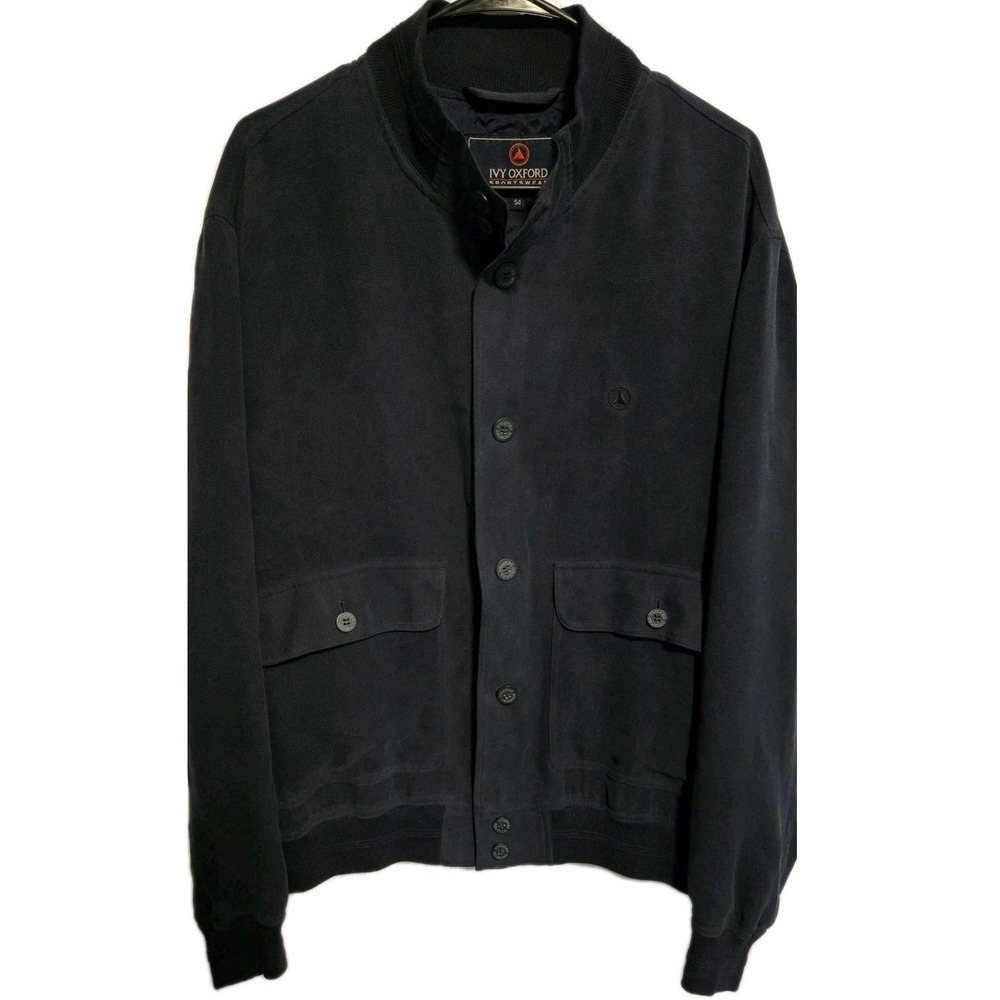 Ivy Oxford 100% Silk Jacket Sz 54 Navy Bomber Harrington Luxury Lined Italy EUC!